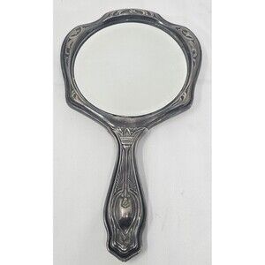 Antique Art Nouveau Silver Plated 10" Hand Vanity Mirror Victorian Design 1905